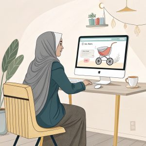 sélection des poussettes sur un site par une fille assise devant un ordinateur