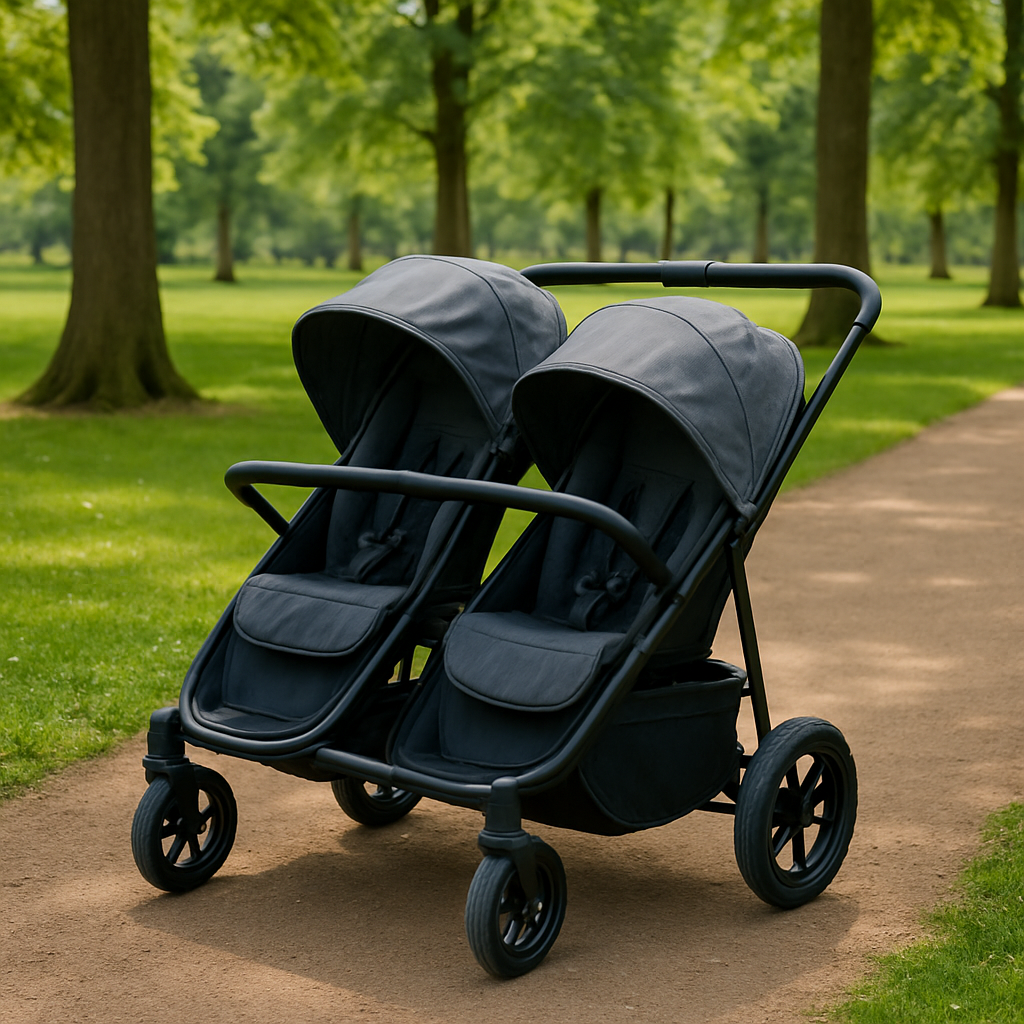 Poussette double pour jumeaux moderne dans un parc, adaptée à tous types de terrain.